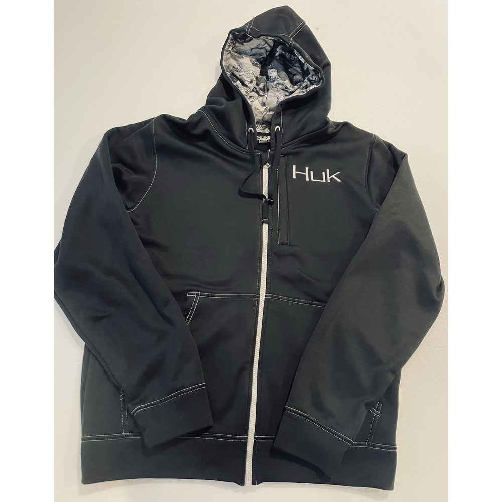 HUK Fishing Black Full Zip Performance Hoodie Shirt Size Medium
